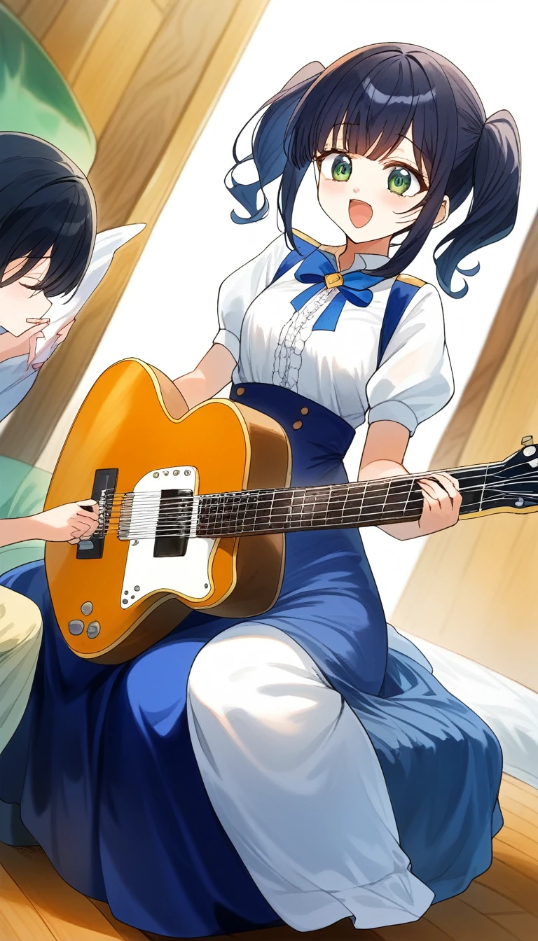 Girl rock band duo、Two Girls、Electric guitar、base、Black hair twin tails、レボリューションイエローの福岡ソフトバンクホークスのbaseボールキャップを被っている。レボリューションイエローの福岡ソフトバンクホークスのbaseボールシャツ、sing、play、rhythm、beat、refreshing、Speed、live house、illumination、