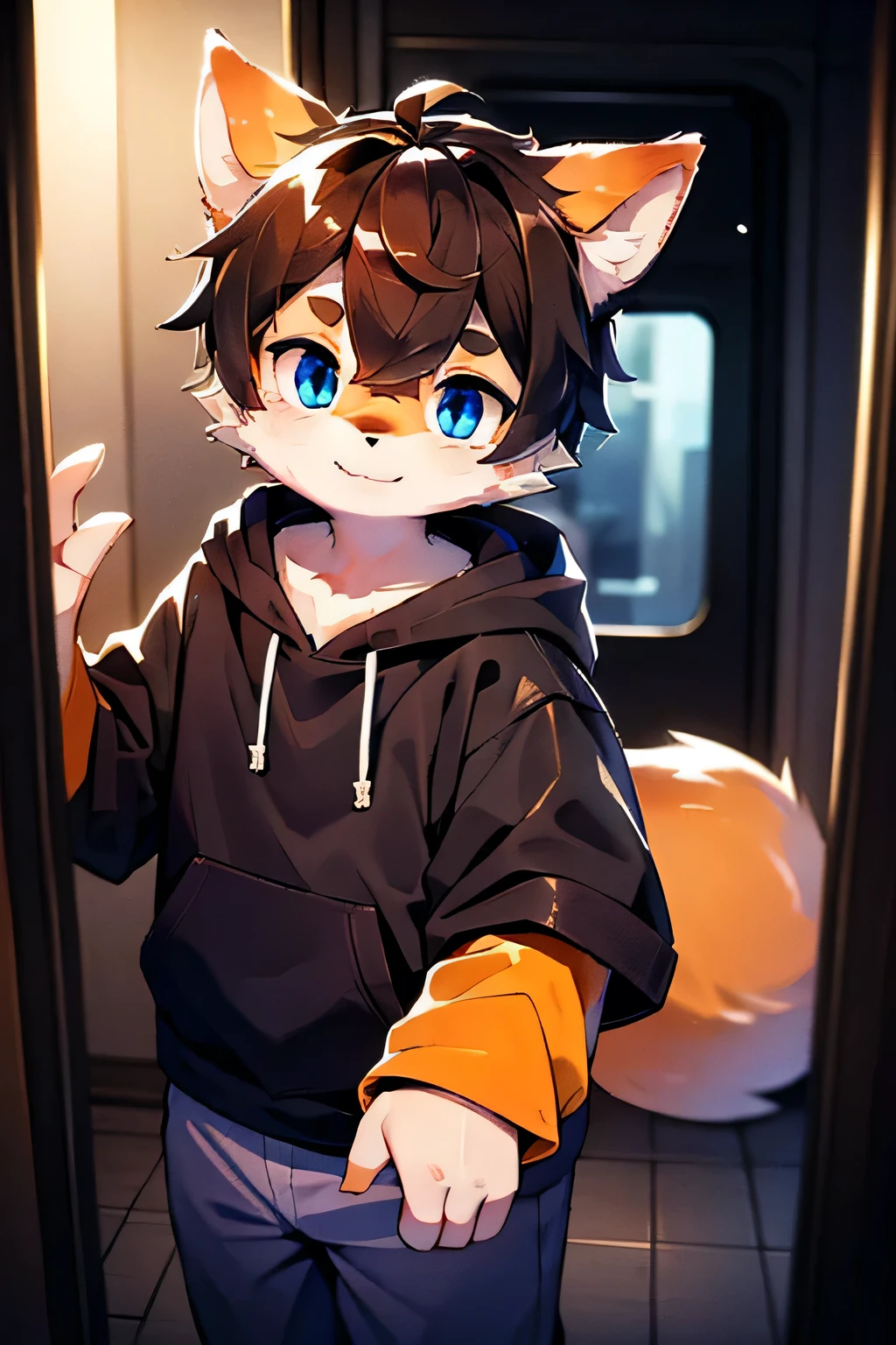 (Shiba Inu Orcs blue eyes *Brown hair* hairy Boys Lovely Orange fur) hoodie Orange and white hair on the face I am on the train Naughty smile A bit naughty
