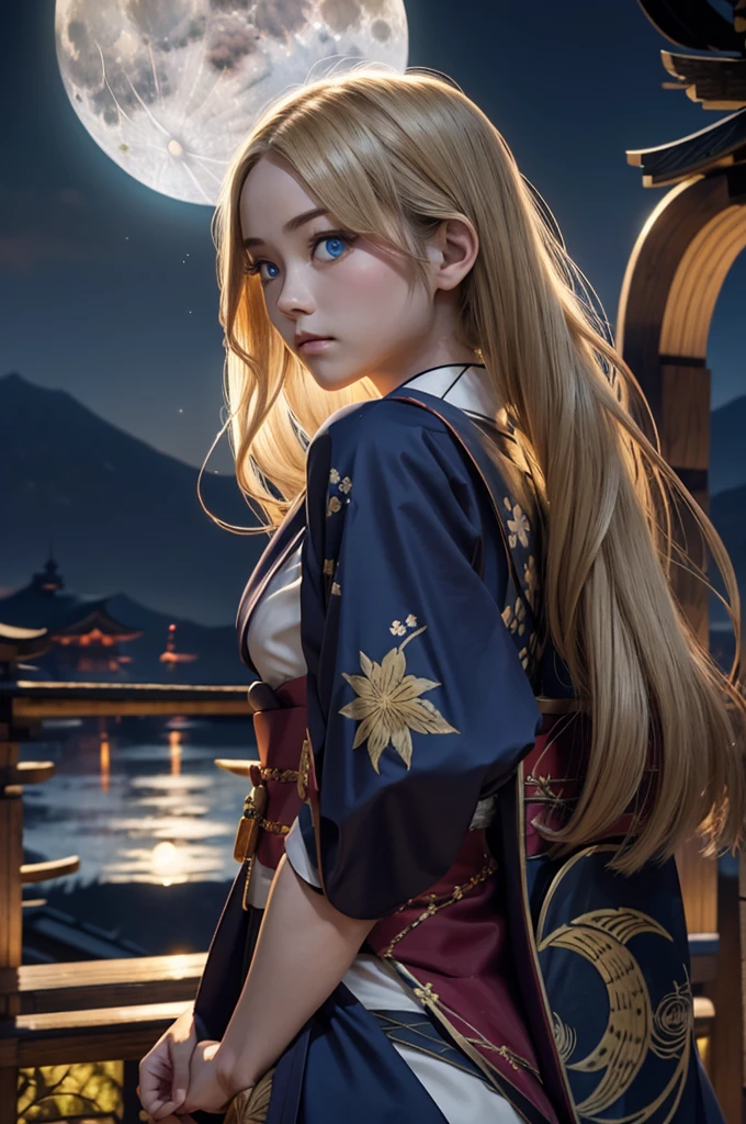 the character wears a traditional kimono, a full moon behind her, and her arms are out to her sides, 1girl, moon, solo, night, long hair, full moon, blue eyes, bamboo, looking at viewer, japanese clothes, blonde hair