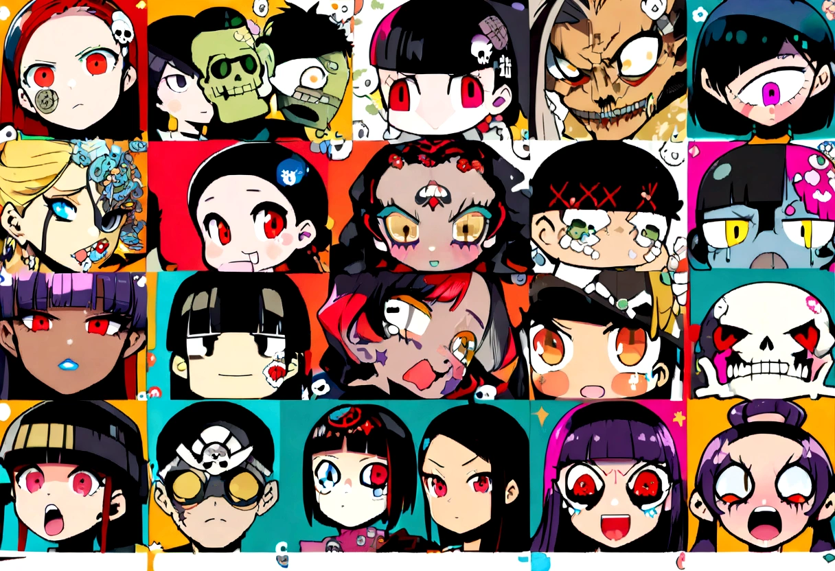 Red eyes、Black Hair、Black Feather、Gothic Punk、tears,anime zombie witch design, crossbones, skulls, street wear design, pro vector, Horror style, full design, 6 colors only, solid colors, no shadows, full design, sticker, bright colors, white background.super fine illustration,(((beautiful fine hair))),(((beautiful fine face))),(((beautiful fine background))),(((beautiful fine hair))),(((beautiful fine face))),(((beautiful fine background)))、Black Hair、blunt bangs