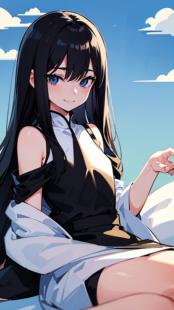 Portrait of a girl, clear sky, minimalist art, simplified line work, flat illustration, Memphis style, toothless smile, Japanese manga style, clouds, reeds, line drawings, Silk dress, not feeling the light, small head, black hair , medium breasts beautiful composition, healing