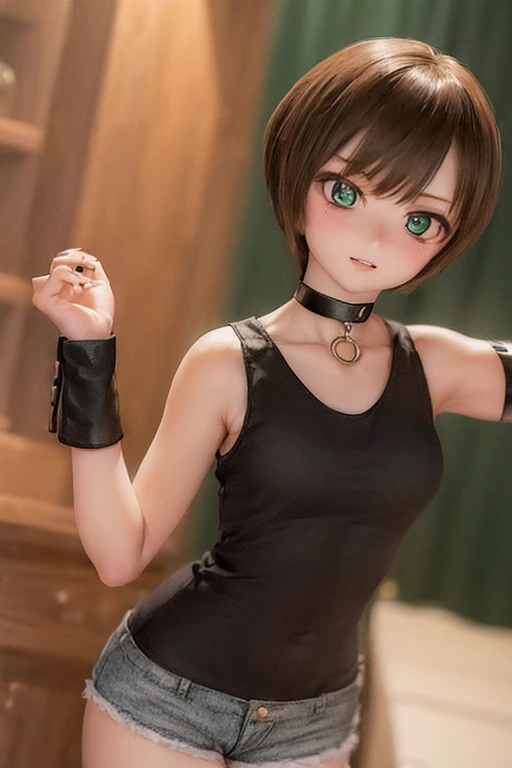 (SFW:2), photorealistic, realistic photo, ((highest quality)), ((masterpiece)), (extremely detailed), kukolnydom, doll, (mature woman, 22yo, 22 years old:1.6), solo, ((cowboy shot, dynamic pose)), (skinny, slender, slim, light smile, parted lips), green eyes, brown hair, (looking at another, gradient eyes, shining eyes, detailed eyes, detailed face, tank top, hot pants, choker:1.3), room, 8k