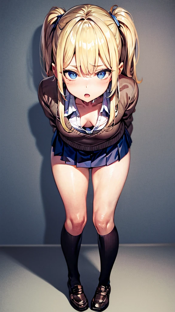 Bully student girl approaches me with a perverse face as I am a nerd, wearing short skirt, blonde hair, blue eyes, small firm breasts, long sexy legs, bad girl. very tall girl, bully, anger face, perspective from bellow the girl