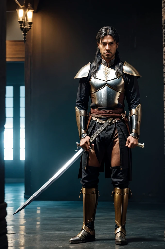 An person holding 2 swords and standing upfront for fighting with enemies
