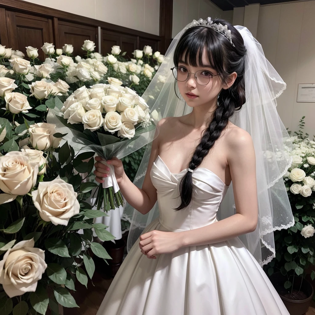 Make a teenager skinny, of tall stature, completely straight black hair tied in a ponytail with straight bangs, Wear glasses and wear a wedding dress with a bouquet of white roses and a veil