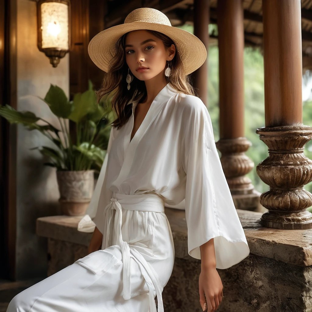 In a picturesque Chiang Mai setting, a good looking young man and woman, both aged 18-25, showcase fashion white outfits inspired by Christian Dior's resort collection, blending local culture and nature in elegant white rayon. Captured in a full-body pose, their presence and the intricate details of the surroundings are emphasized.
The man wears white oversized short-sleeved bowling rayon shirt, paired with relaxed-fit mixed cotton-Rayon sweat shorts, and a beige utility white Yukata. He completes his look with white leather-strap flip-flops, wooden-framed sunglasses, and a woven bracelet.
The woman complements him in a white rayon long maxi dress, and a sleeveless white crop top. Her ensemble includes with wooden button details and a waist tie. She accessorizes with a wide-brimmed straw hat, beaded-strap sandals and necklace.
Photographed with a Canon EOS R6 camera using an 85mm f/1.8 lens at an f/2.2 aperture, utilizing natural light, the image employs shadows to enhance features and add depth to the composition. The careful layering and arrangement of body parts and surrounding objects ensure a flawless composition.
This masterpiece celebrates the beauty of the models and invites viewers to immerse themselves in a world of sophistication and charm. The seductive lighting and intricate details, combined with a dramatic composition, capture the essence of a fun-filled day brimming with joy and relaxation. Attention is meticulously paid to the layers and arrangement of body parts and surrounding objects, ensuring correct body structure and photo distance. The romantic atmosphere, paired with a lively and extremely gorgeous background, completes this captivating scene.