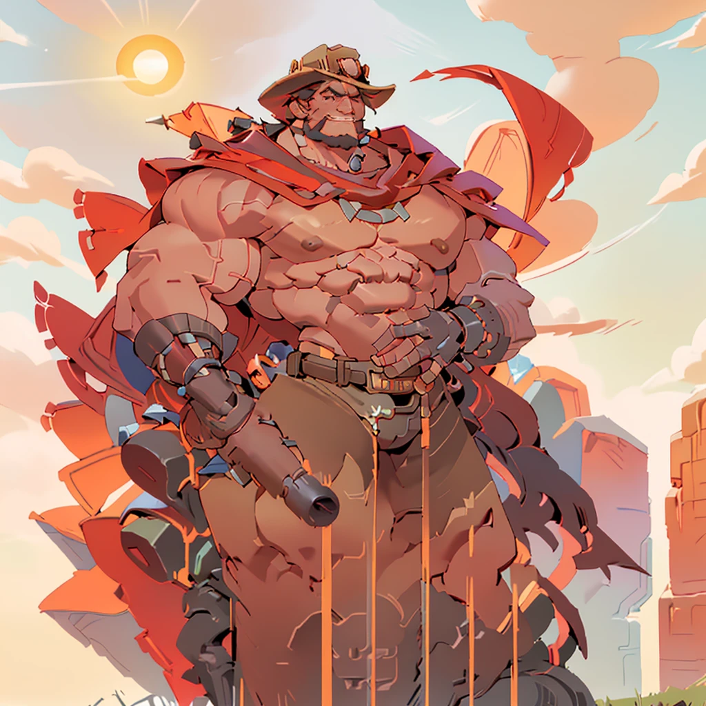 mccree, western setting, cowboy hat, red poncho, muscular, hunk, mechanical body, cybernetic right arm, cape, setting sun in background, smile,  confident pose, cigar in mouth,  best quality, shirtless, body muscles, chest muscle, big chest, big stomach, very fat