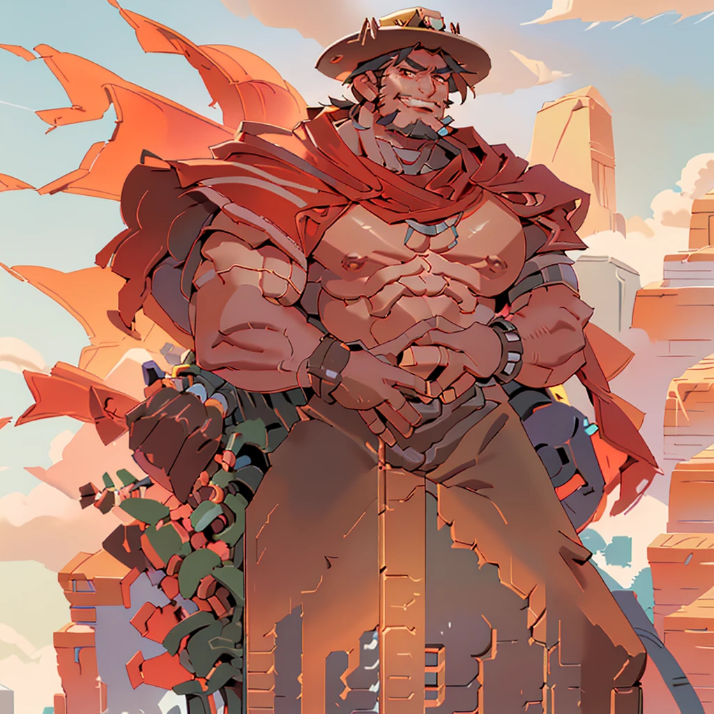 mccree, western setting, cowboy hat, red poncho, muscular, hunk, mechanical body, cybernetic right arm, cape, setting sun in background, smile,  confident pose, cigar in mouth,  best quality, shirtless, body muscles, chest muscle, big chest, big stomach, very fat