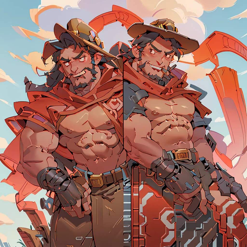 mccree, western setting, cowboy hat, red poncho, muscular, hunk, mechanical body, cybernetic right arm, cape, setting sun in background, smile,  confident pose, cigar in mouth,  best quality, shirtless, body muscles, chest muscle, big chest, big stomach, very fat