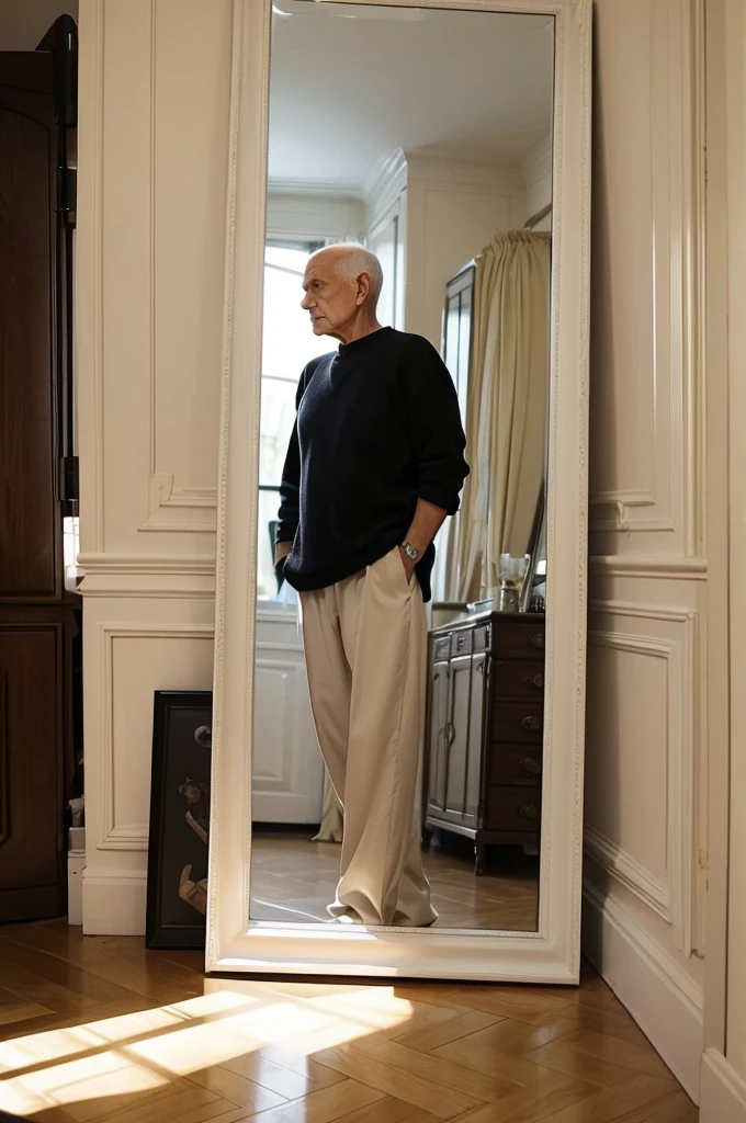 A photo, of an old man, short hair loss , looking at himself younger in a mirror. View from side of man, full body large scale, appartement parisian style