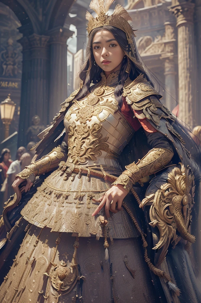 ((work-before))), ((best quality))), ((Ultra-detailed)), (hyper-realistic), (highly detailed CG illustration), cinematic lighti, photorealistic, extremely beautiful young lady, on the St. Peter's Square of Vatican,(beautiful face and lips), black hair, light makeup, big chest, intricate detailed eba, red cape, spear, Trend at Artstation.