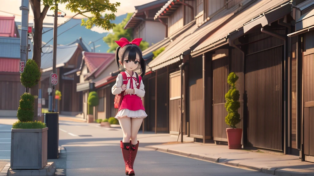 masterpiece, High resolution, Realistic, Black Hair, Asian Girl, Ponytail, Hair Ribbon,(very young face).○, A girl wearing a pink idol dress (((Beautiful thighsを露わにするキラキラアイドルドレス:1.2)))、(Wearing folded over, Too short mini frill skirt), (Black Hairのアジア人), Outdoor, ponytail, Are standing, Outdoor, wearing red Backpack, (Backpack:1.1) (赤いBackpack:1.2)、((Beautiful thighs:1.39)),((Lovely:1.4)), Standing Full Body, wearing red boots, (boots:1.2), Pony Neck Ribbon, Red hair ribbon 