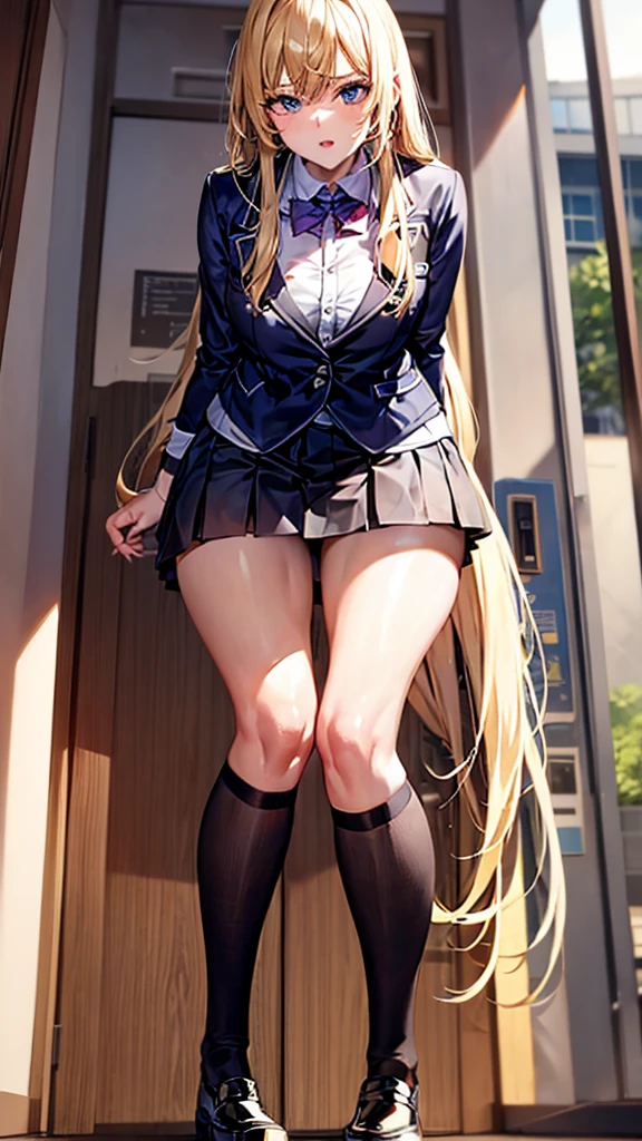 Bully student approaches me with a perverse face as I am a nerd, wearing short skirt, blonde hair, blue eyes, small firm breasts, long sexy legs, bad girl. very tall girl, photo from below the girl, bully, anger face, perspective from the ground