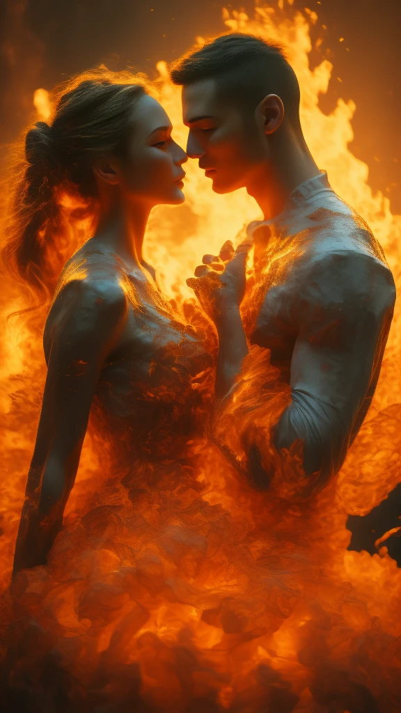 masterpiece，best quality，Extremely detailed，high resolution，1 romantic couple，flame，Dynamic Scene Scale 1.3，Romantic couple kissing in the fire，Firestorm，on fire，Bizarre fantasy image，Excellent skin texture，Magic Circle，Casting a Spell，strange，紫色strength，strength，fiery，meteor。