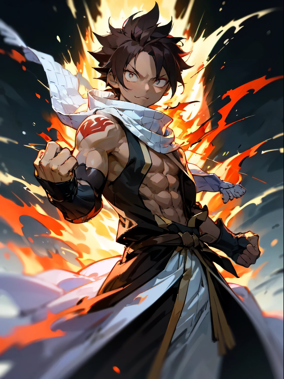 masterpiece, High resolution, high quality, Dark Skinned Teen, male, A little buff, Medium dark brown hair, Big Innocent Eyes, naked、White long torn scarf, White hooded cloak, Big black gauntlets, Dramatic show, Intensive, nice, Amazing guy, Boy of Fire、Punching pose