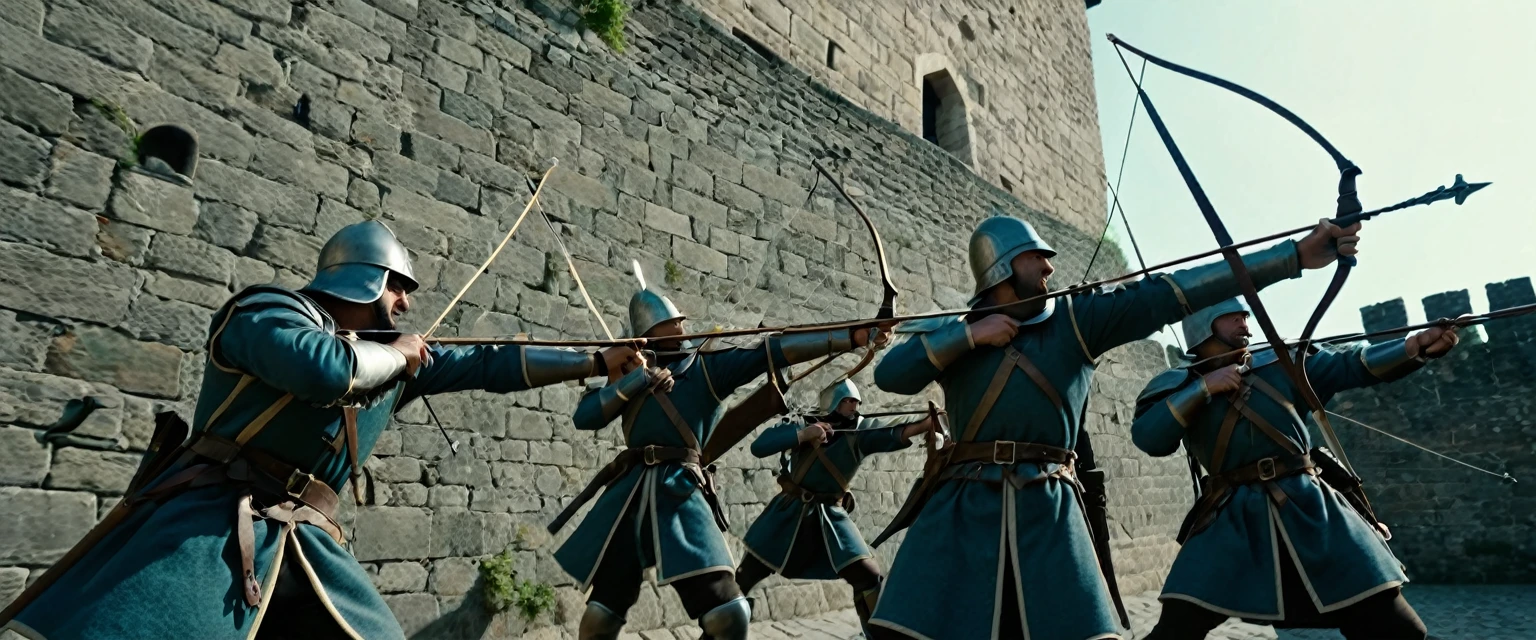 score_9, score_8_up, score_7_up, source_photo, photography, photorealistic, detailed, cinematic angle, rating safe, pov, viewer is under the city walls, from below, Wide shot, Medieval soldiers on the city wall firing their bows against viewer, masterpiece, best quality, 8k,