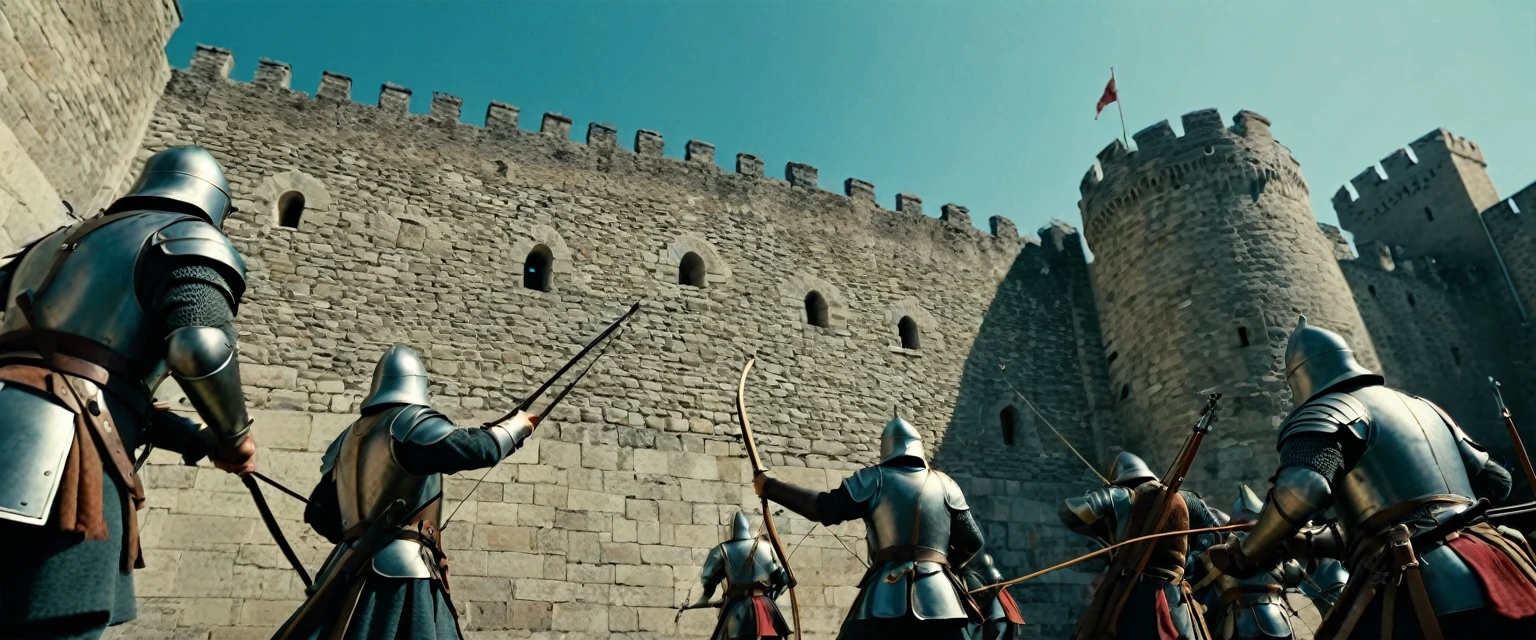 score_9, score_8_up, score_7_up, source_photo, photography, photorealistic, detailed, cinematic angle, rating safe, pov, viewer is under the city walls, from below, Wide shot, Medieval soldiers on the city wall firing their bows against viewer, masterpiece, best quality, 8k,