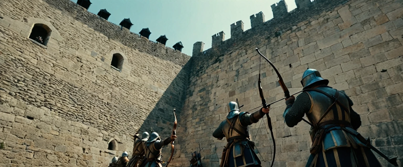 score_9, score_8_up, score_7_up, source_photo, photography, photorealistic, detailed, cinematic angle, rating safe, pov, viewer is under the city walls, from below, Wide shot, Medieval soldiers on the city wall firing their bows against viewer, masterpiece, best quality, 8k,