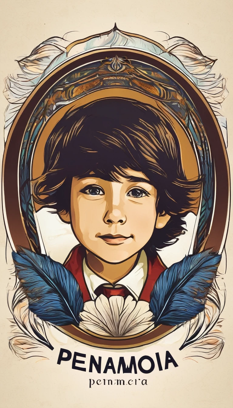 Design a logo that captures the magic of storytelling and the importance of memory, encapsulating the brand 'Penamemoria'. The logo should be simple, memorable, timeless, and versatile, working well in both print and digital formats. Should include the face of a boy and a bird feather