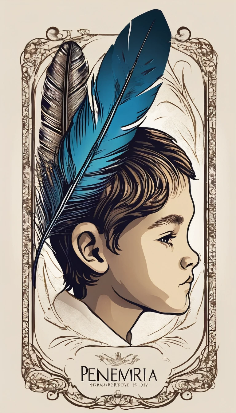 Design a logo that captures the magic of storytelling and the importance of memory, encapsulating the brand 'Penamemoria'. The logo should be simple, memorable, timeless, and versatile, working well in both print and digital formats. Should include the face of a boy and a bird feather
