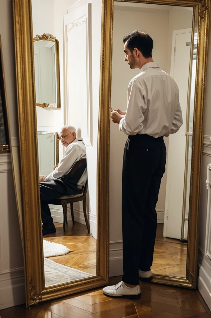A photo, of an old man, short hair loss , looking at himself younger in a mirror. View from side of man, full body large scale, appartement parisian style