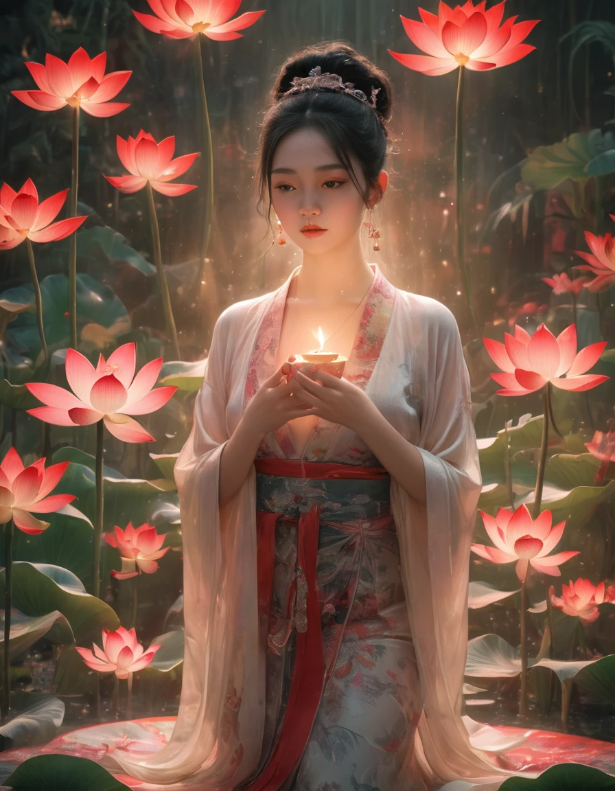 Full-body front view of a courtesan in lotus position,Praying with palms together、Anatomically correct,born, Cinematic shots, (Sharp focus:1.5), (Realistic:1.4), dusk lighting, Volumetric lighting, Ultra-high resolution, 16K,Dramatic lighting, Abstract background:1.5)(Tangleた,Datura stramonium,Holding a heart light in your hand、Tangle,Intertwined:0.7)witch,Red kimono, Foxfire spells, conversion, Depth of written boundary, A fantastic atmosphere, The most beautiful form of chaos, Elegance, Fauvist Design Dark Theme, flowers of death, flowers of ecstasy,Glowing Lines,Glow Example,Tracking example,flash, Backlight,translucent,Particles of light,hill,exit