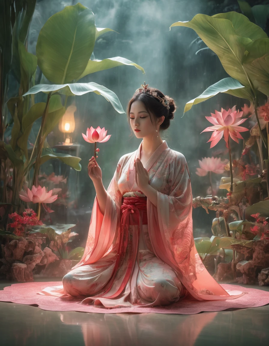 Full-body front view of a courtesan in lotus position，Praying with palms together、Anatomically correct,born, Cinematic shots, (Sharp focus:1.5), (Realistic:1.4), dusk lighting, Volumetric lighting, Ultra-high resolution, 16K,Dramatic lighting, Abstract background：1.5）（Tangleた，Datura stramonium，Holding a heart light in your hand、Tangle，Intertwined：0.7）witch，Red kimono, Foxfire spells, conversion, Depth of written boundary, A fantastic atmosphere, The most beautiful form of chaos, Elegance, Fauvist Design Dark Theme, flowers of death, flowers of ecstasy，Glowing Lines,Glow Example，Tracking example，flash， Backlight，translucent，Particles of light,hill，exit