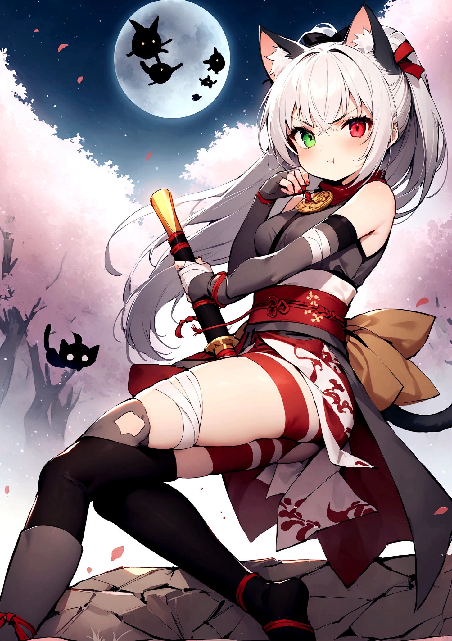 cartoon,high quality,The background is the valley bottom,Weak sunlight,There are several small trees,White and tender skin,High Detail,Cute girl ninja,Cat ear,White hair,右侧Cat ear上有一枚金色耳环,Ear clogs,Black tabi,Red and white striped gloves,Left hand holding a long dagger,There is red liquid flowing down the dagger,Heterochromia,Red right eye Green left eye,Wearing amulets,The right forearm is tied with a decorative thin white bandage,The bandage is painted with simple black symbol totem,Red and white themed ninja costume,Angry expression,In the right hand, he holds a small gold-rimmed scroll.,Lean back,A little embarrassing,Tenaciously supporting the body and standing against the big rock,The left leg is covered with leather leggings that reach to the knee.,Small wound on the right calf