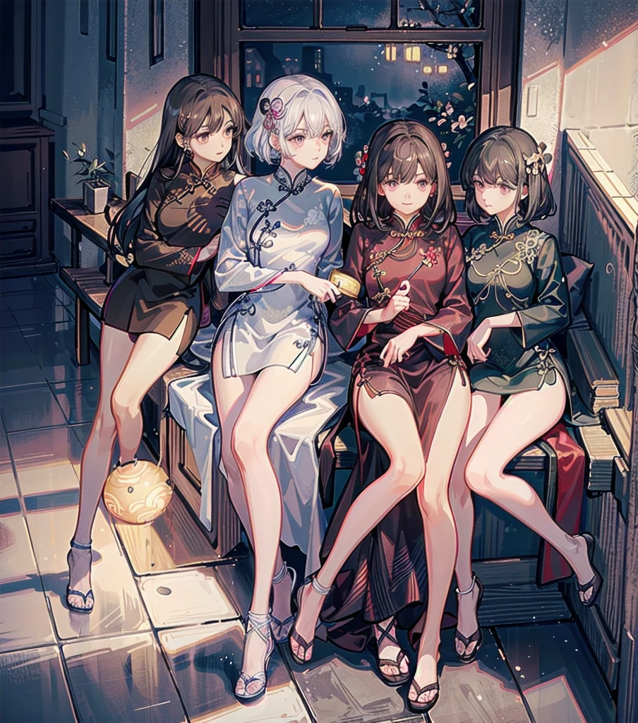 absurdres, RAW photo, extremely delicate and beautiful, masterpiece, Best Quality, ultra high resolution, 32k, hyperrealistic, ultra-detailed, Very detailed CG 8k wallpaper, Beautiful Lighting, Perfect Lightning, Realistic Shadows, perfect anatomy, super Detailed skin, perfect figure, Japanese woman, late 20s, very Slim body, narrow waist, very small head, handsome detailed woman, very detailed eyes and face, realistic face proportions, Stunning detailed eyes, Realistic beautiful face, very small face, Realistic small beautiful eyes, tearful mole, earring, beautiful and very thin legs, beautiful and very thin thighs, very huge round breasts, medium hair, black hair, (full body shot), (3girls:1.5), (yuri:1.5), (cheongsam:1.5),
