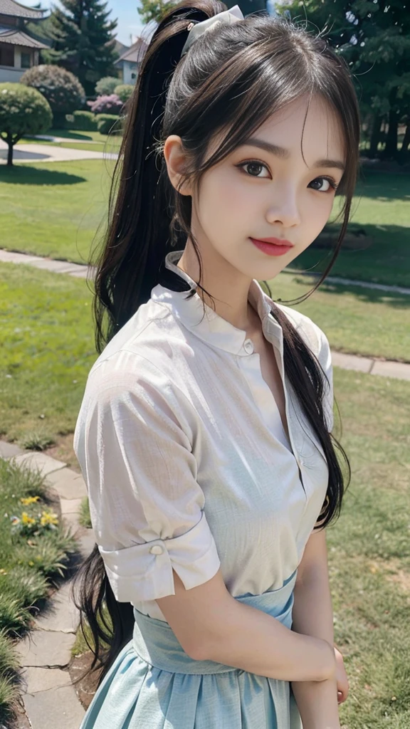 collared dress,European park,On the lawn,One woman,masutepiece, The highest image quality, High quality, the background is clear,Beautiful woman, Japanese,Ultra-detailed, finely detail, hight resolution, 8K Wallpaper, Perfect dynamic composition, Beautiful detailed eyes , Detailed, Detailed eyes, Detailed skin, Beautiful skin, 超hight resolution, (reality: 1.4),Very beautiful woman, Slightly younger face, Beautiful skin, slender, (Ultra photo realsisim), (hight resolution), (8K), (Very detailed) (beautifully detailed eyes), (super detailed), (Detailed face), view the viewer, Fine details, Detailed face, Staring straight ahead, Staring straight ahead, photos realistic, Bright lighting, Professional Lighting, Black hair,poneyTail,a baby face,sixteen years old,Hairstyle: ponytail,Long ponytail hairstyle,slight smile,neat and tidy clothing,Beautiful Japanese KPOP idol photo, hair style is ponytail, my eyes are double and wide, baby face, smile and look straight ahead, slender, small breasts,Close up face,