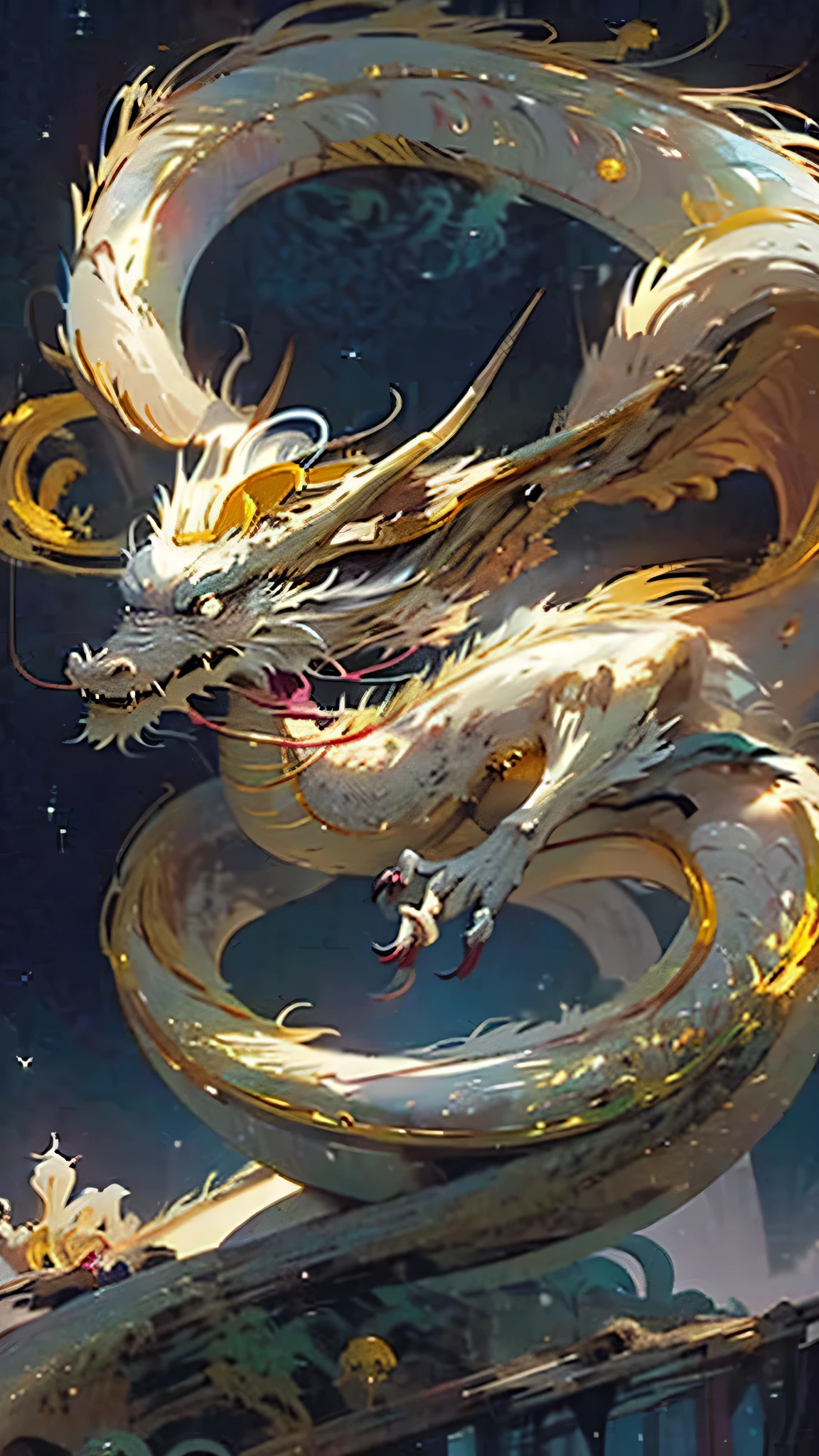 background (forest, moon), Chinese dragon (one, five-clawed golden dragon, two wings), a dragon