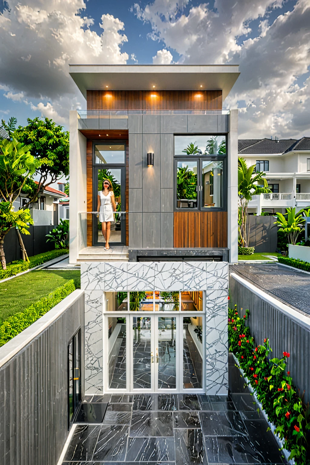 modern villa on street, (overcast lighting:1.2), tropical tree, vivid color, curve wall, streetcapes, nice sky, grey and wwhite tone, (large glass door:1.2), warm interior lighting, modern material, best quality, ultra realistic, masterpiece, 17ArchiAI_XL_VL-v1