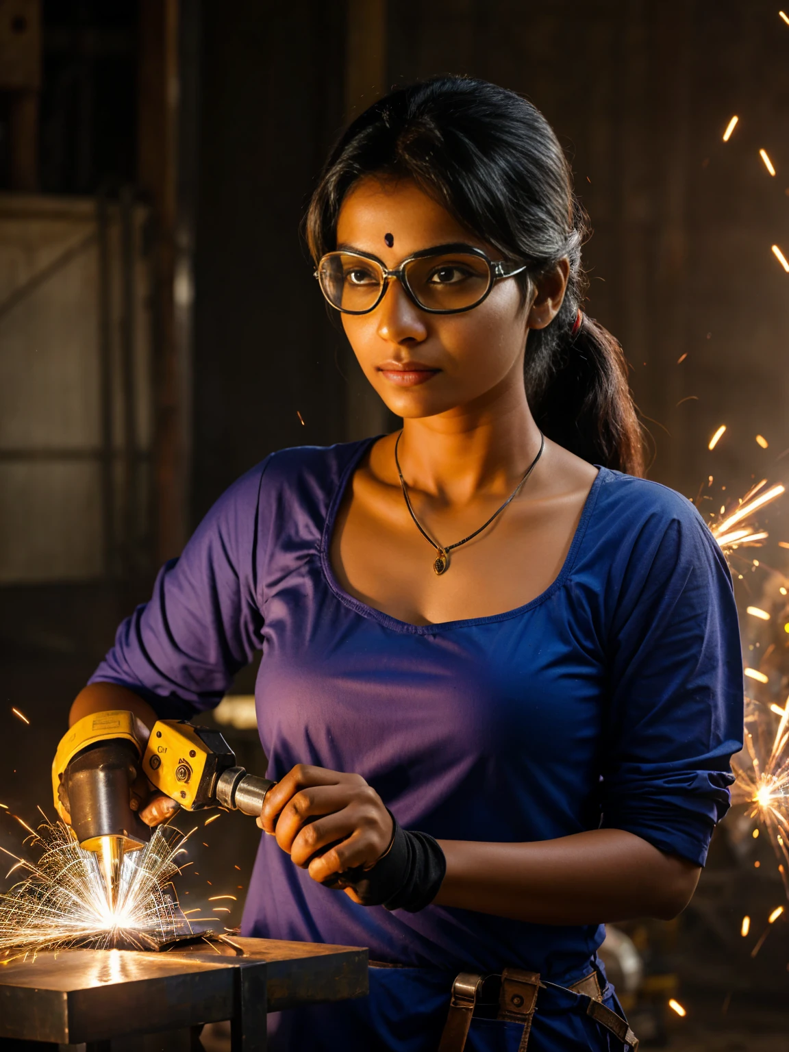 An indian woman with safety goggles and a welding something, sparks flying, her face determined and focused.