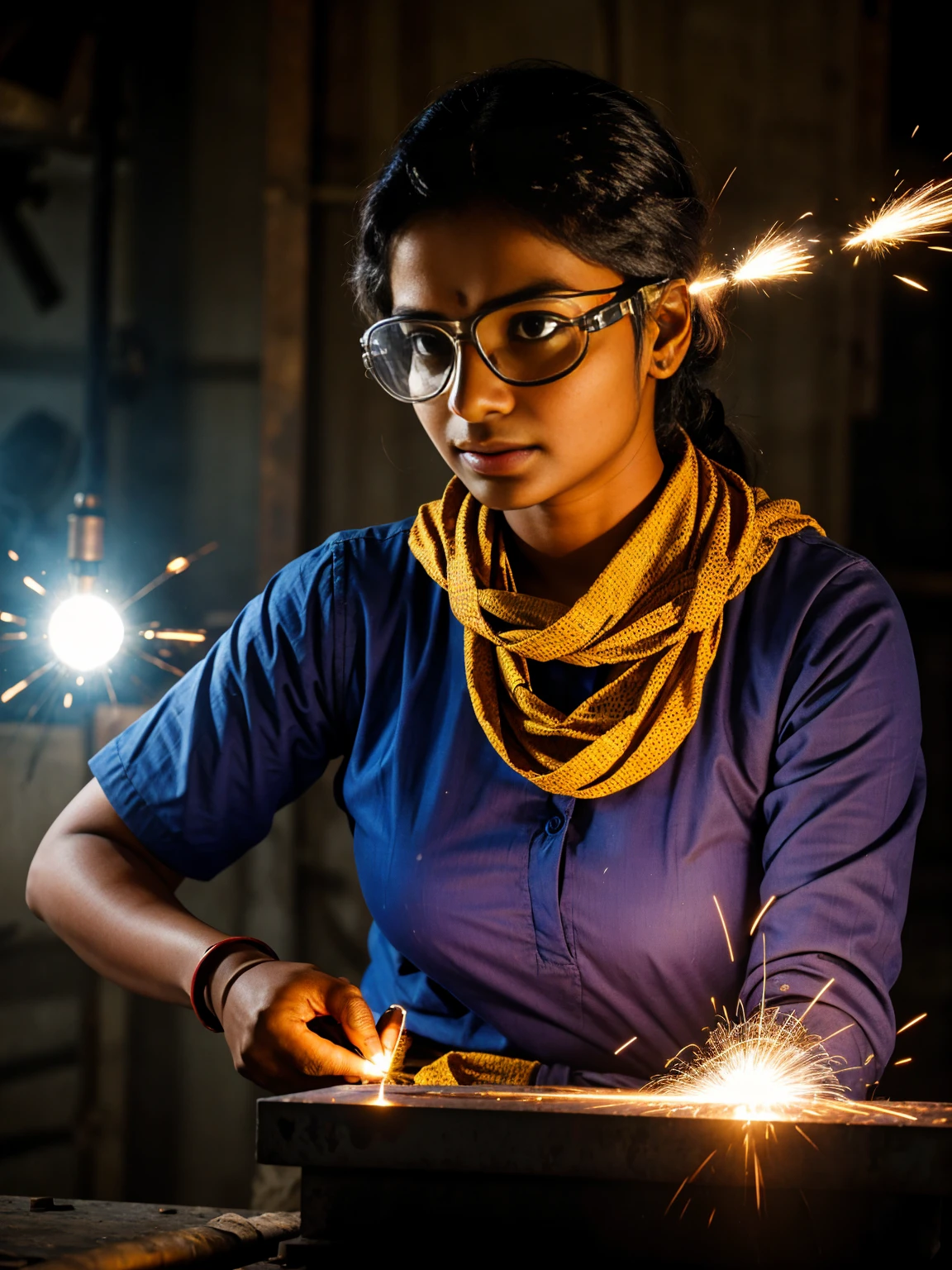 An indian woman with safety goggles and a welding something, sparks flying, her face determined and focused.