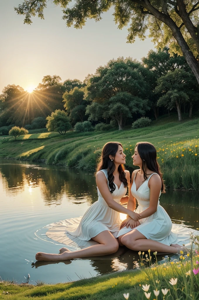 Create a drawing of a serene riverside at dawn. There are two white geese close together, sharing a tender moment. A beautiful girl in a flowing dress is sitting on the grassy riverbank, enjoying the tranquil scene. The early morning sun casts a golden glow over the entire landscape, reflecting off the calm river water. Lush green trees and colorful wildflowers surround the area, enhancing the picturesque view