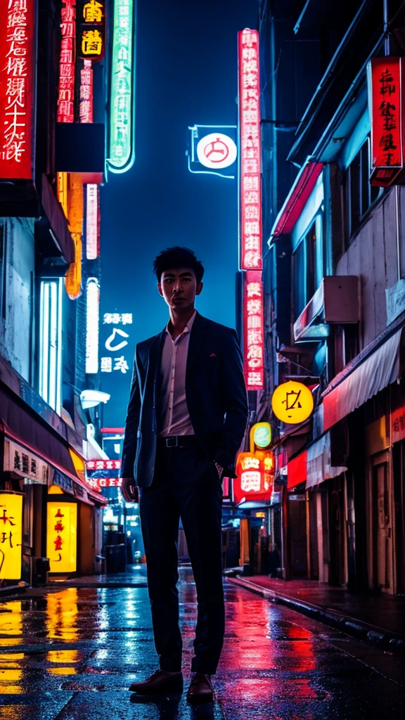 a Japanese handsome young man with short hair,tan skin, great figure, shirtless, wears edition color bikini underware, standing alone in the middle of an empty road. The street is wet from rain, reflecting the colorful neon signs and lights from the surrounding buildings. The scene is dark with a moody, cinematic atmosphere, showcasing various signs in both English and Chinese characters. The person in the center is illuminated by a spotlight, emphasizing their solitary presence. The overall setting is reminiscent of an urban area with a mix of traditional and modern elements.