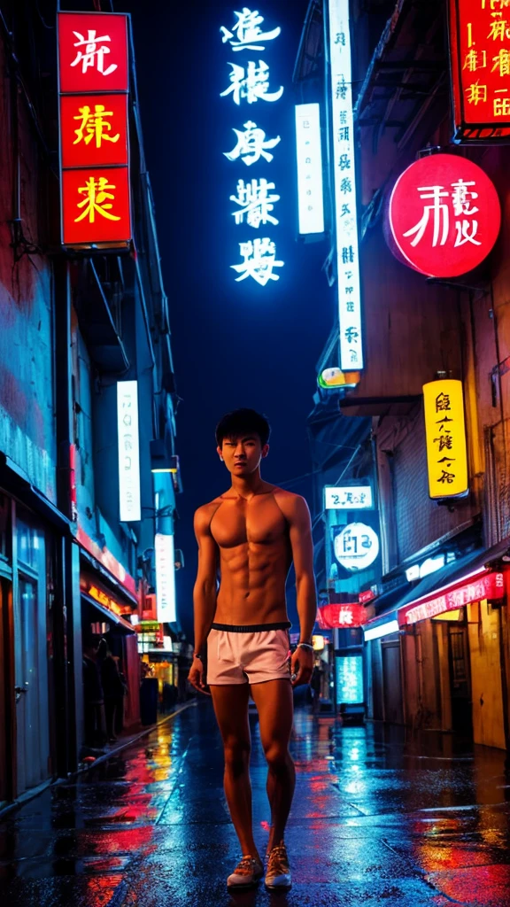 a Japanese handsome young man with short hair,tan skin, great figure, shirtless, wears edition color bikini underware, standing alone in the middle of an empty road. The street is wet from rain, reflecting the colorful neon signs and lights from the surrounding buildings. The scene is dark with a moody, cinematic atmosphere, showcasing various signs in both English and Chinese characters. The person in the center is illuminated by a spotlight, emphasizing their solitary presence. The overall setting is reminiscent of an urban area with a mix of traditional and modern elements.