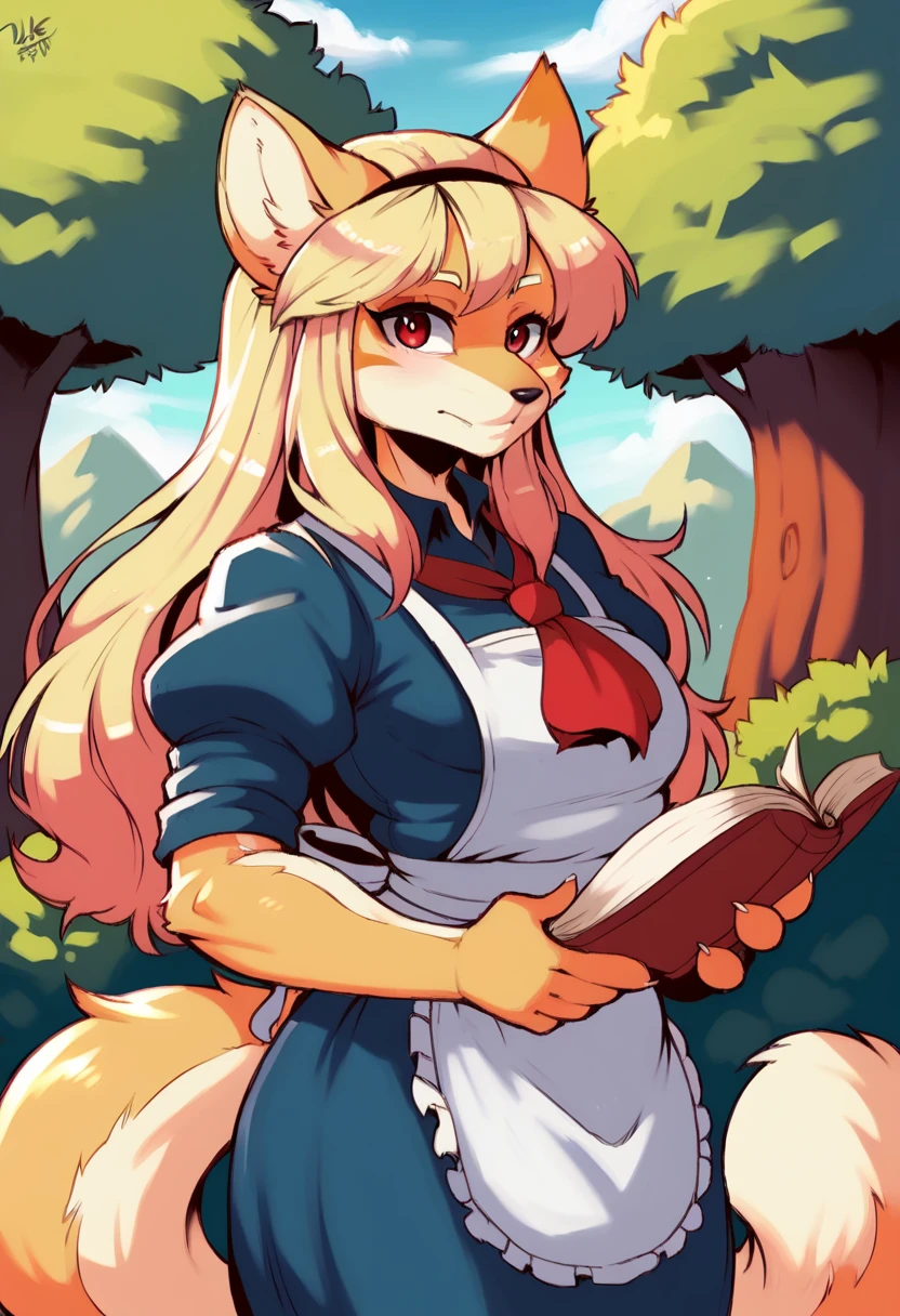 solo,masterpiece, 8k,best quality ,furry girl,8k,hdr,hires,high detail fur,
outdoors,servalcat,holding_book
perfect anatomy,blonde,long hair,look at looking at viewer,(white apron:1.1),red neckchief
