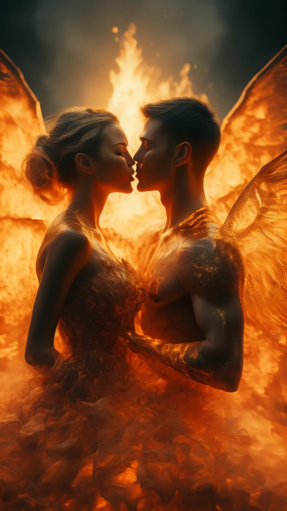 masterpiece，best quality，Extremely detailed，high resolution，1 romantic couple，flame，Dynamic Scene Scale 1.3，Romantic couple kissing in the fire，Firestorm，on fire，Bizarre fantasy image，Excellent skin texture，Magic Circle，Casting a Spell，strange，紫色strength，strength，fiery，meteor。