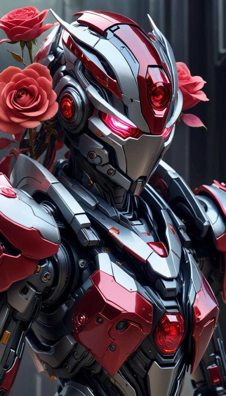Here's an updated image prompt that includes the requirement for an open-face helmet:

"Create a hyper-realistic digital artwork featuring a futuristic mecha with a unique, intricately designed body that resembles a red rose. The mecha's body should be rendered in exquisite detail, with delicate petals unfolding from its core to reveal a glowing, iridescent red crystal at its center. The crystal should emit a soft, pulsing light that casts a warm glow on the surrounding environment.

The mecha's surface should be adorned with intricate, swirling patterns that evoke the beauty of nature, with subtle shading and texture that gives the impression of delicate, almost translucent petals. The overall design should exude a sense of elegance and sophistication, as if the mecha were a living, breathing creature.

The mecha's head should be designed with an open-face helmet, revealing a human face with striking features. The face should be rendered in photorealistic detail, with subtle skin texture and facial expressions that convey a sense of calm and serenity. The eyes should be bright and expressive, with a subtle shine that suggests a sense of intelligence and awareness.

In the background, create a subtle, gradient-like effect that suggests a warm, sunset-inspired color palette, with soft, wispy clouds drifting lazily across the sky. The overall atmosphere should be one of serenity and tranquility, as if the mecha were standing peacefully in a serene, natural environment.

The image should be rendered in stunning, photorealistic detail, with attention paid to every aspect of the design, from the delicate texture of the petals to the subtle glow of the crystal. The final image should be a breathtakingly realistic representation of your concept, with a level of detail and realism that draws the viewer in and refuses to let go."

This updated prompt should give the artist or designer a clear idea of what you're looking for in terms of the mecha's design, including the open-