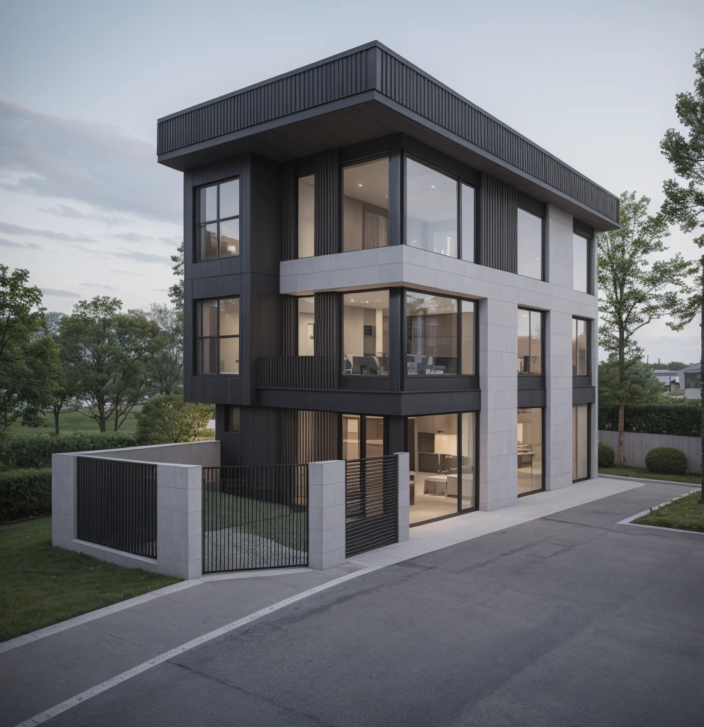 RAW photo, a photo of a modern villa with a car parked in front of it, ((1/2 dark grey wood facade)), architectural shot, gate, road, viet nam modern residence, rough white wall, new residential area, wide angle exterior 2022, contemporary house, exterior photography, masterpiece, contemporary architecture, overcast, indirect lighting