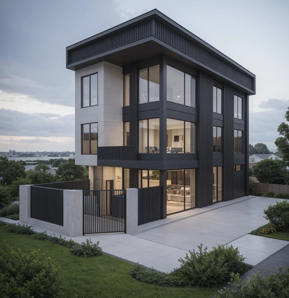 RAW photo, a photo of a modern villa with a car parked in front of it, ((1/2 dark grey wood facade)), architectural shot, gate, road, viet nam modern residence, rough white wall, new residential area, wide angle exterior 2022, contemporary house, exterior photography, masterpiece, contemporary architecture, overcast, indirect lighting