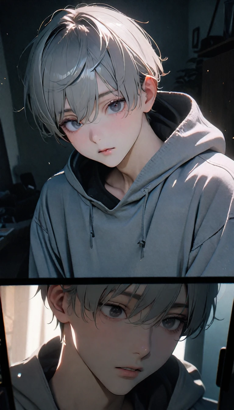 (8K, RAW photos, best quality, masterpiece: 1.4), (((The boy looked at his phone)))，Ultra-high resolution, Extremely detailed, light, Mobile phone close-up, handsome boy, black eyes, (delicate eyes, Eyes are bright:1.2), Gray short hair, Fair skin,dark, Grey sweatshirt, sweatshirt with hood,(perfect anatomy:1.2), High-quality shadows, Natural Lighting, (White highlights:1.2), night, cloudy day, (at home:1.2), (Clock zero on mobile phone:1.2)