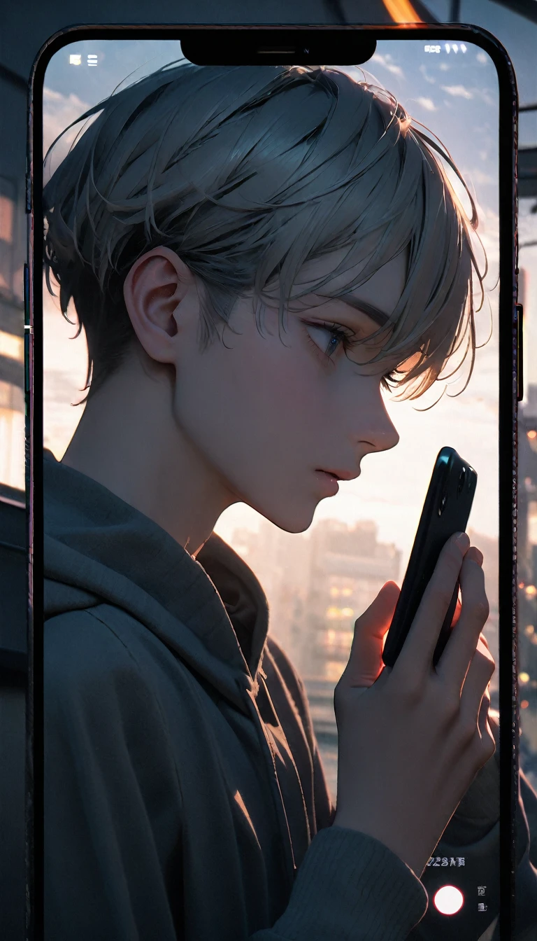 (8K, RAW photos, best quality, masterpiece: 1.4), (((The boy looked at his phone))),Ultra-high resolution, Extremely detailed, light, Mobile phone close-up, handsome boy, black eyes, (delicate eyes, Eyes are bright:1.2), Gray short hair, Fair skin,dark, Grey sweatshirt, sweatshirt with hood,(perfect anatomy:1.2), High-quality shadows, Natural Lighting, (White highlights:1.2), night, cloudy day, (at home:1.2), (Clock zero on mobile phone:1.2)
