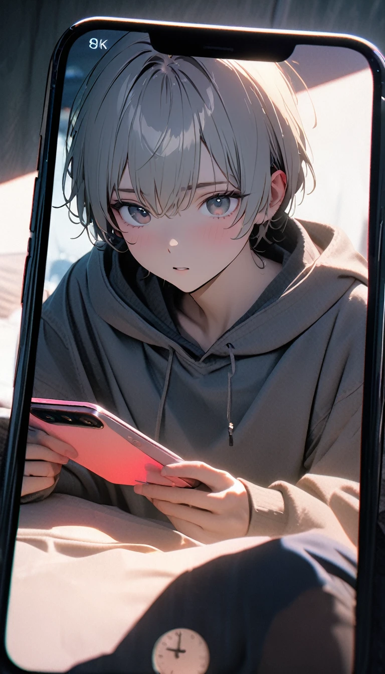 (8K, RAW photos, best quality, masterpiece: 1.4), (((The boy looked at his phone))),Ultra-high resolution, Extremely detailed, light, Mobile phone close-up, handsome boy, black eyes, (delicate eyes, Eyes are bright:1.2), Gray short hair, Fair skin,dark, Grey sweatshirt, sweatshirt with hood,(perfect anatomy:1.2), High-quality shadows, Natural Lighting, (White highlights:1.2), night, cloudy day, (at home:1.2), (Clock zero on mobile phone:1.2)