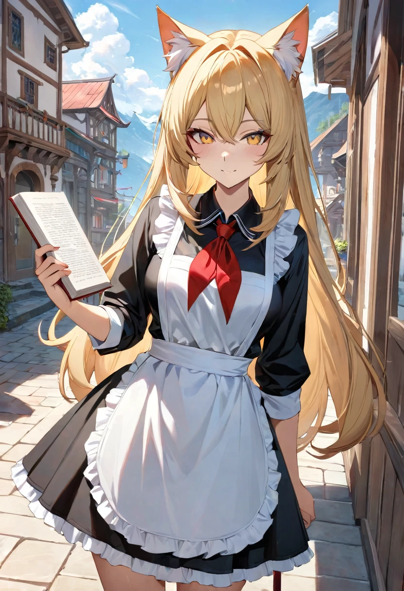 solo,masterpiece, 8k,best quality ,furry girl,8k,hdr,hires,high detail fur,
outdoors,servalcat,holding_book
perfect anatomy,blonde,long hair,look at looking at viewer,(white apron:1.1),red neckchief
