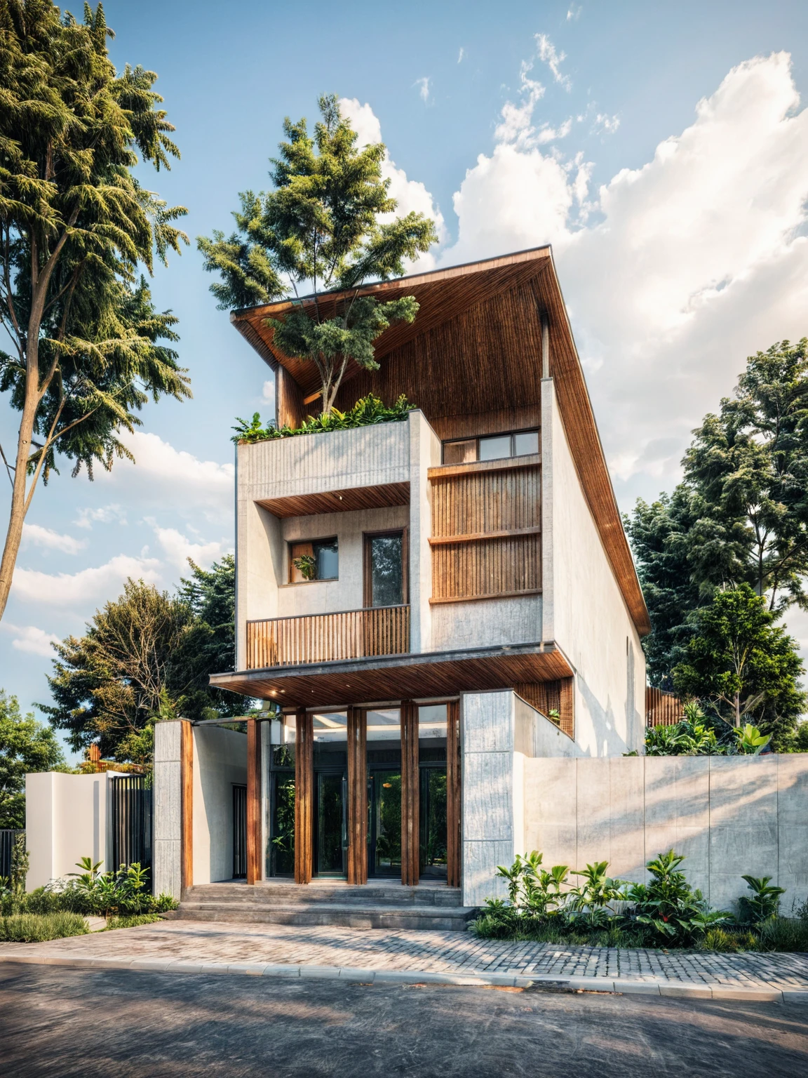 Masterpiece, 4k pixel, high quality, best quality, authentic, super detail, outdoors, onestoreyvillaXL, aiaigroup, house style modern on the street , stairs, random facade wall , road, pavement, grass, trees, sky, cloud, (daylight:1.1)