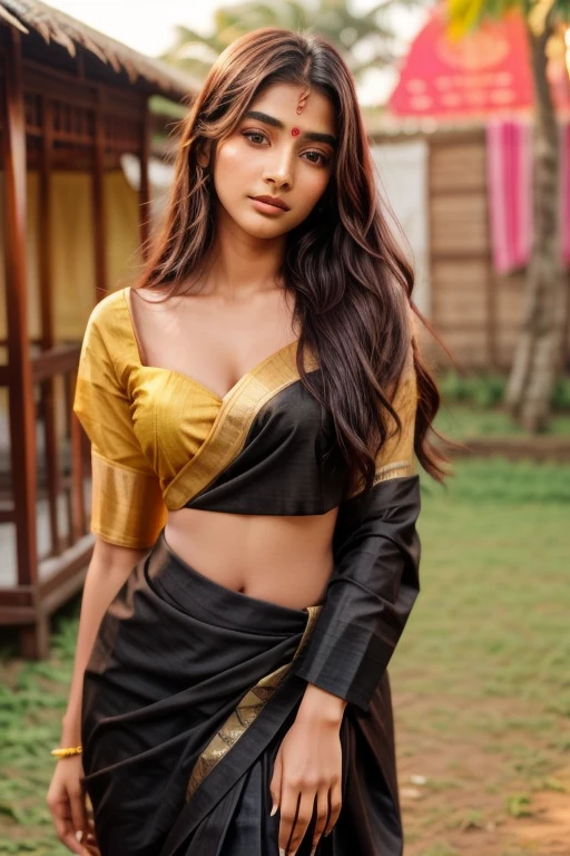 beautiful cute young attractive indian teenage girl, village girl, 18 years old, cute, Instagram model, long black_hair, colorful hair, warm, dacing, in fastival and wearing traditional saree, indian