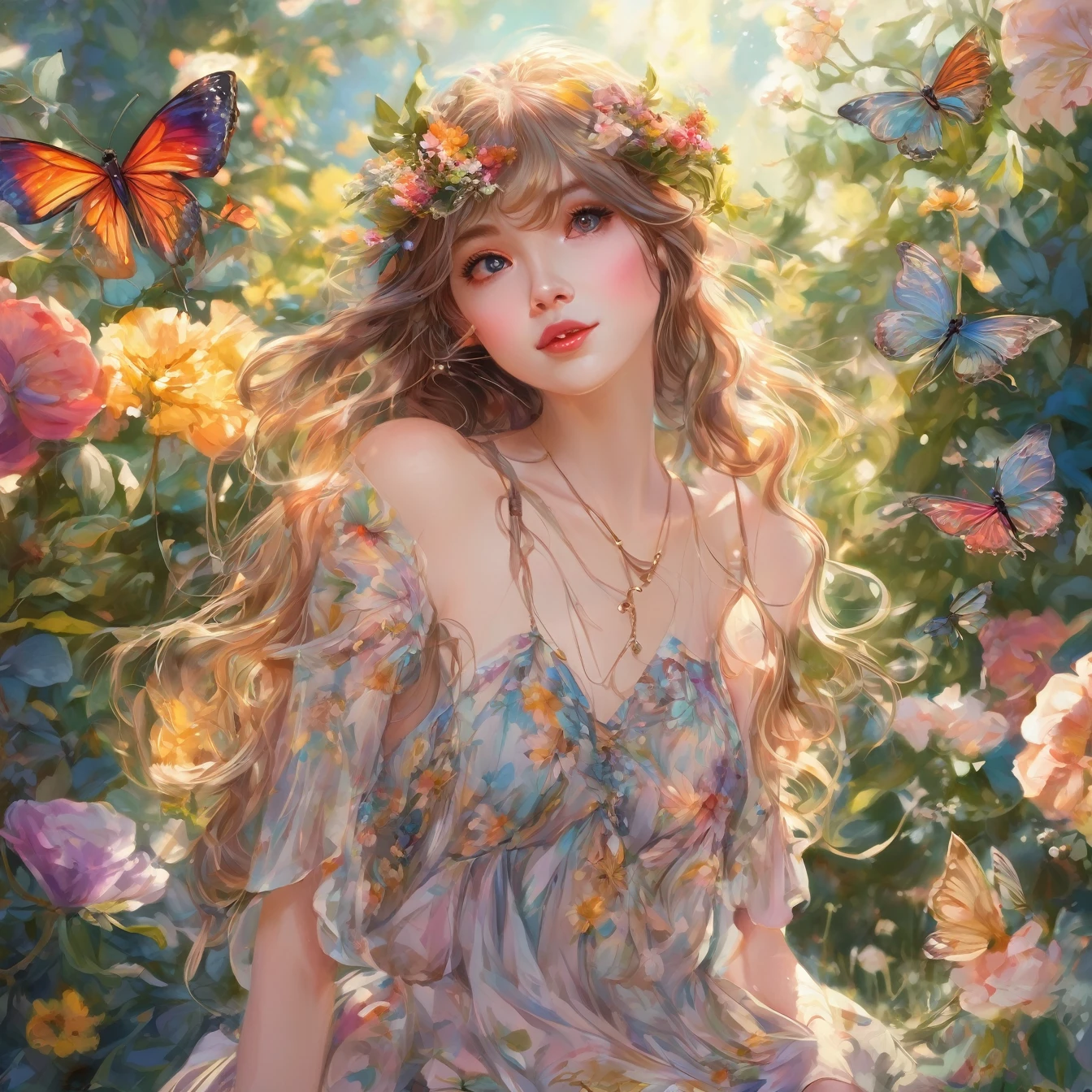 (A girl in a garden),illustrated,subdued colors,beautiful detailed eyes,beautiful detailed lips,long hair,fairy wings naughty,floral flowers colorful,butterflys,ethereal glow,medium dress,lovely expression,posing gracefully,bright sunlight