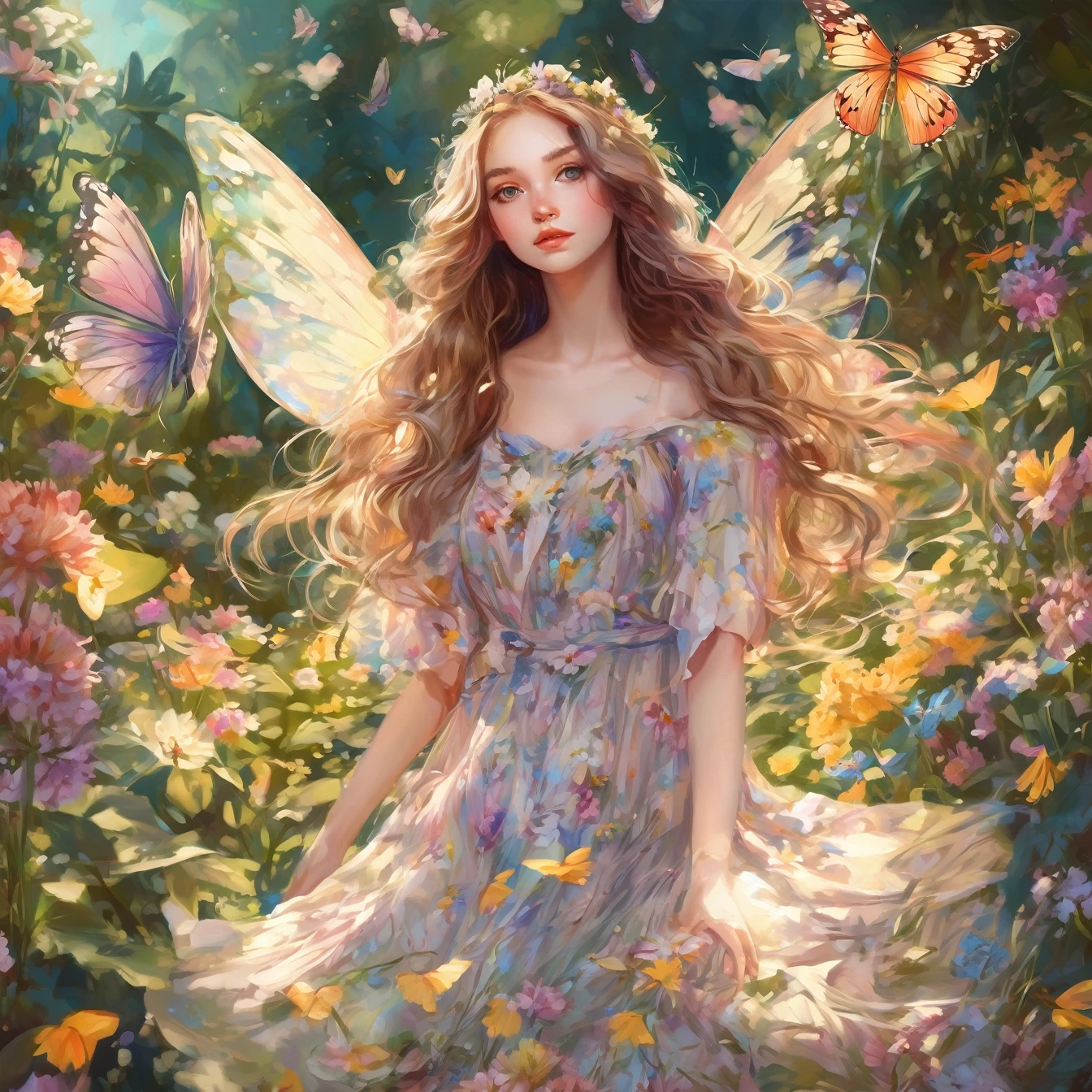 (A girl in a garden),illustrated,subdued colors,beautiful detailed eyes,beautiful detailed lips,long hair,fairy wings naughty,floral flowers colorful,butterflys,ethereal glow,medium dress,lovely expression,posing gracefully,bright sunlight
